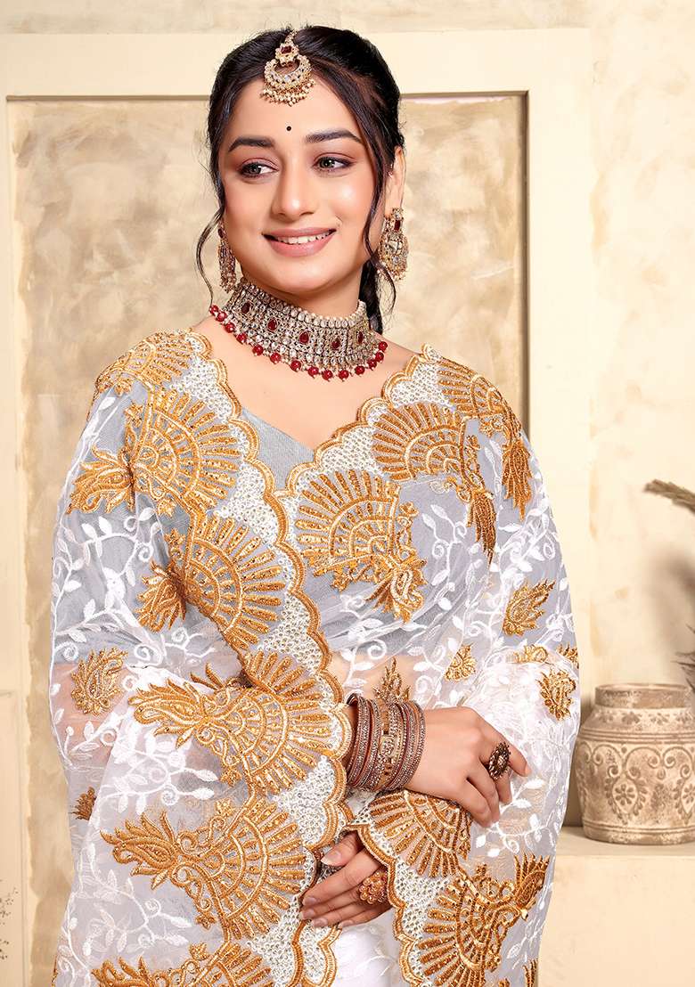 White Net Saree Set with Embroidery for Diwali | Wedding & Festive Wear - Indya