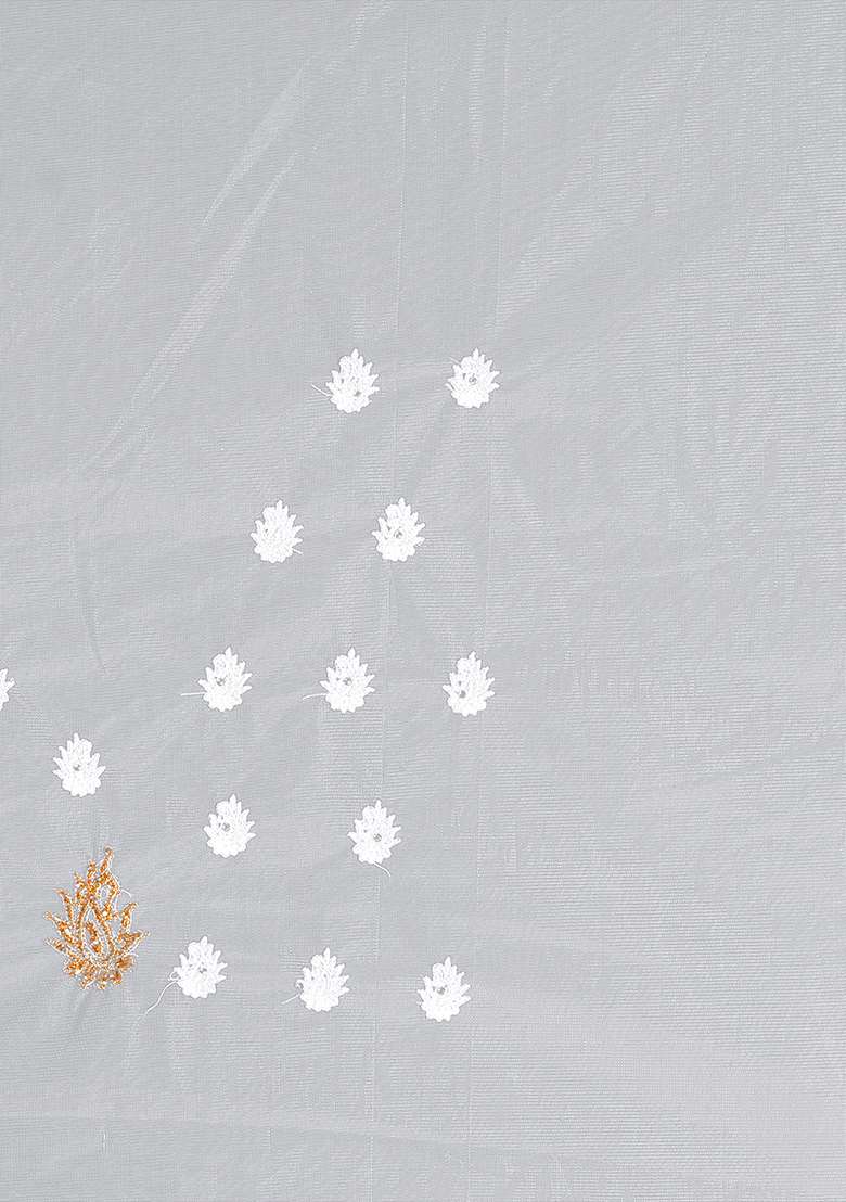 White Net Saree Set with Embroidery for Diwali | Wedding & Festive Wear - Indya