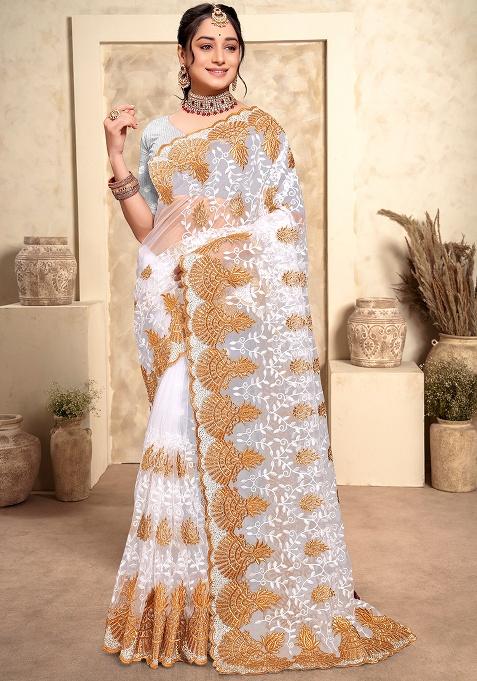 White Embroidery Net Saree Set