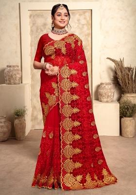 Red Embroidery Net Saree Set