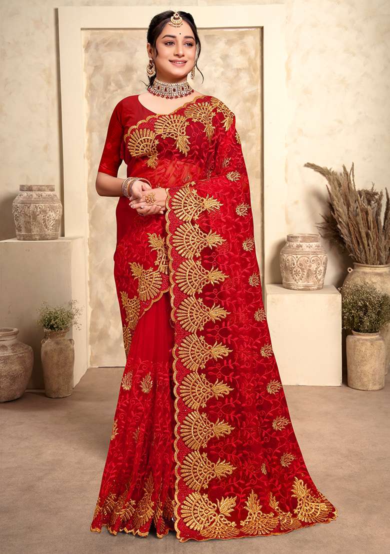 Red Embroidery Net Saree Set for Diwali and Festive Wear - Indya