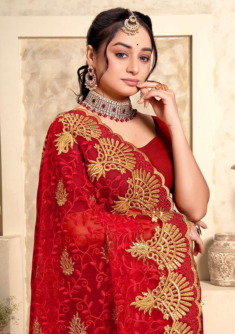 Red Embroidery Net Saree Set for Diwali and Festive Wear - Indya