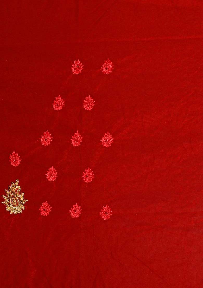 Red Embroidery Net Saree Set for Diwali and Festive Wear - Indya