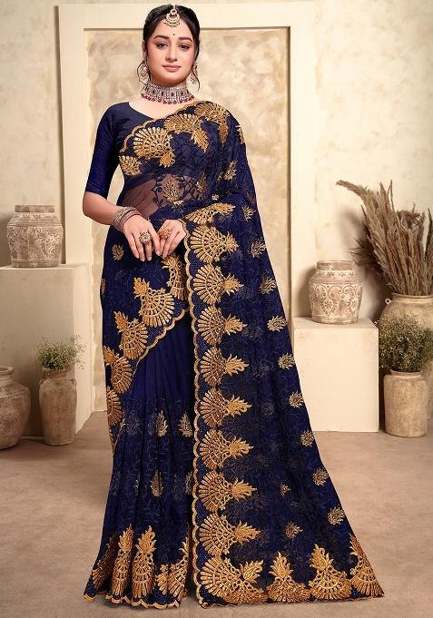 Navy Embroidery Net Saree Set