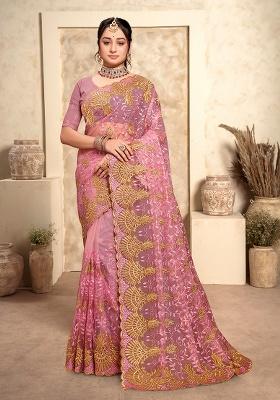 Dusty Pink Embroidery Net Saree Set