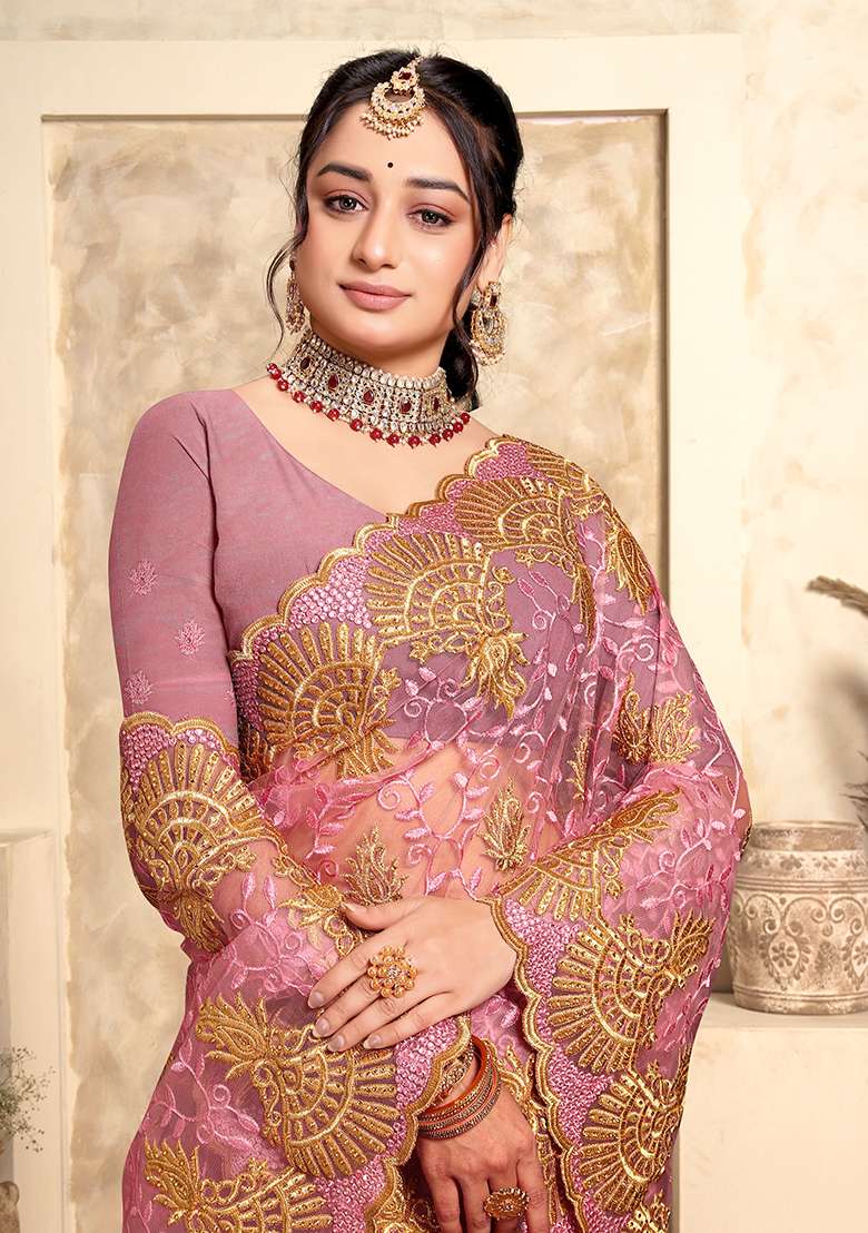 Dusty Pink Net Saree Set with Embroidery for Diwali | Wedding & Festive Wear - Indya
