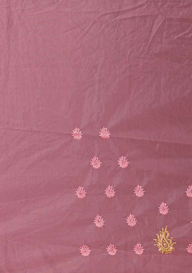 Dusty Pink Net Saree Set with Embroidery for Diwali | Wedding & Festive Wear - Indya