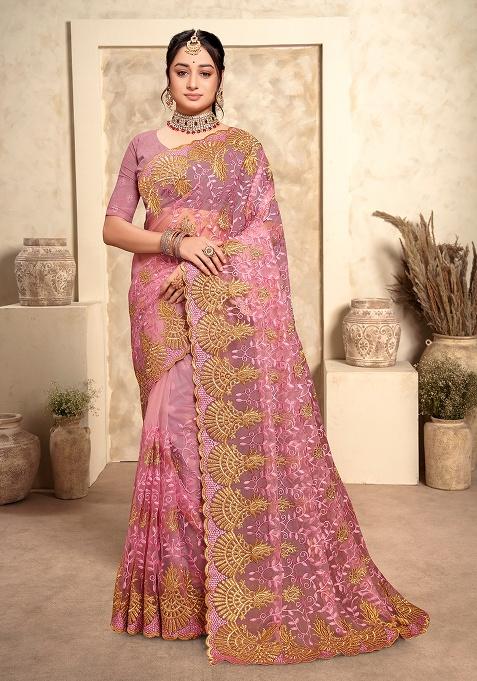 Dusty Pink Embroidery Net Saree Set
