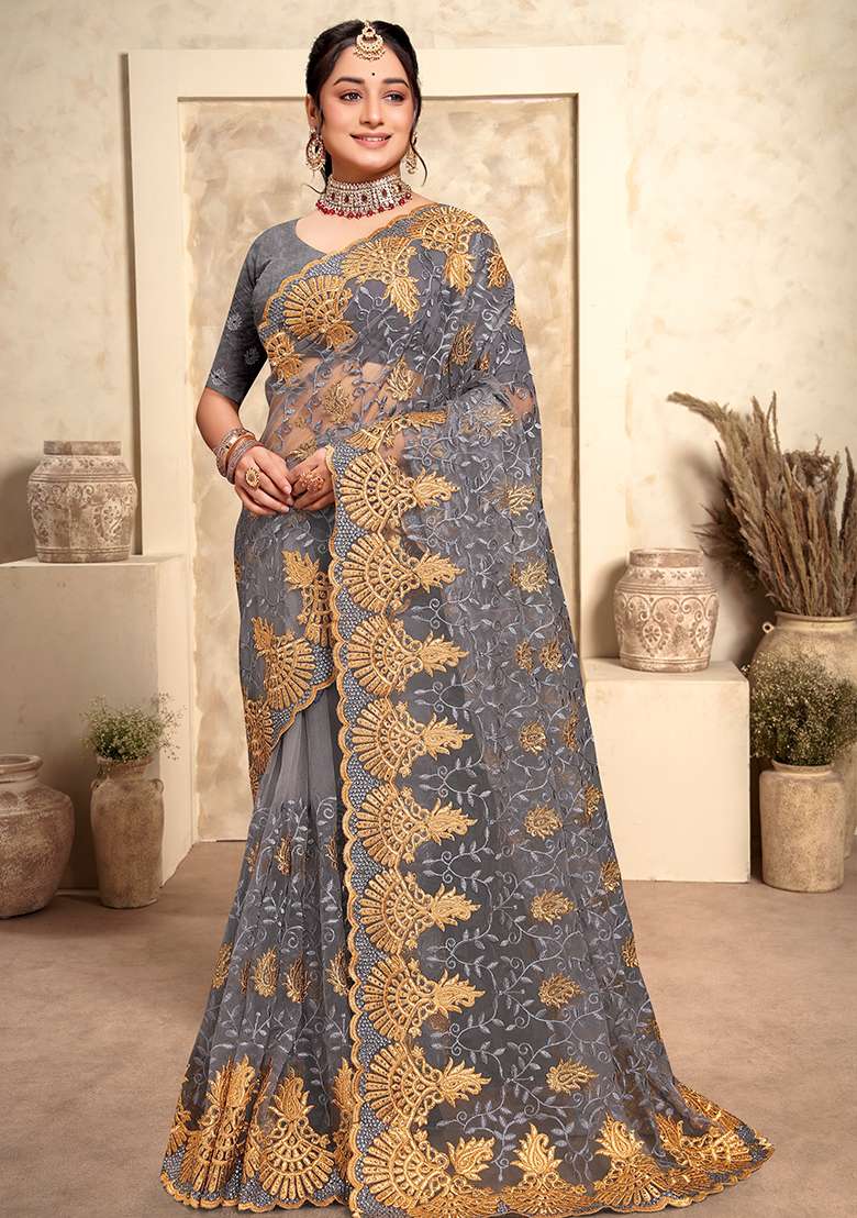 Grey Embroidery Net Saree Set for Diwali and Festive Wear - Indya
