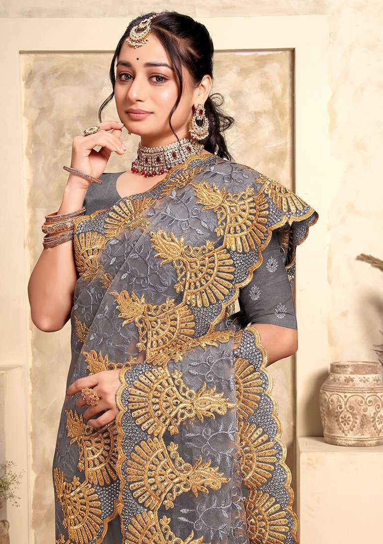 Grey Embroidery Net Saree Set for Diwali and Festive Wear - Indya