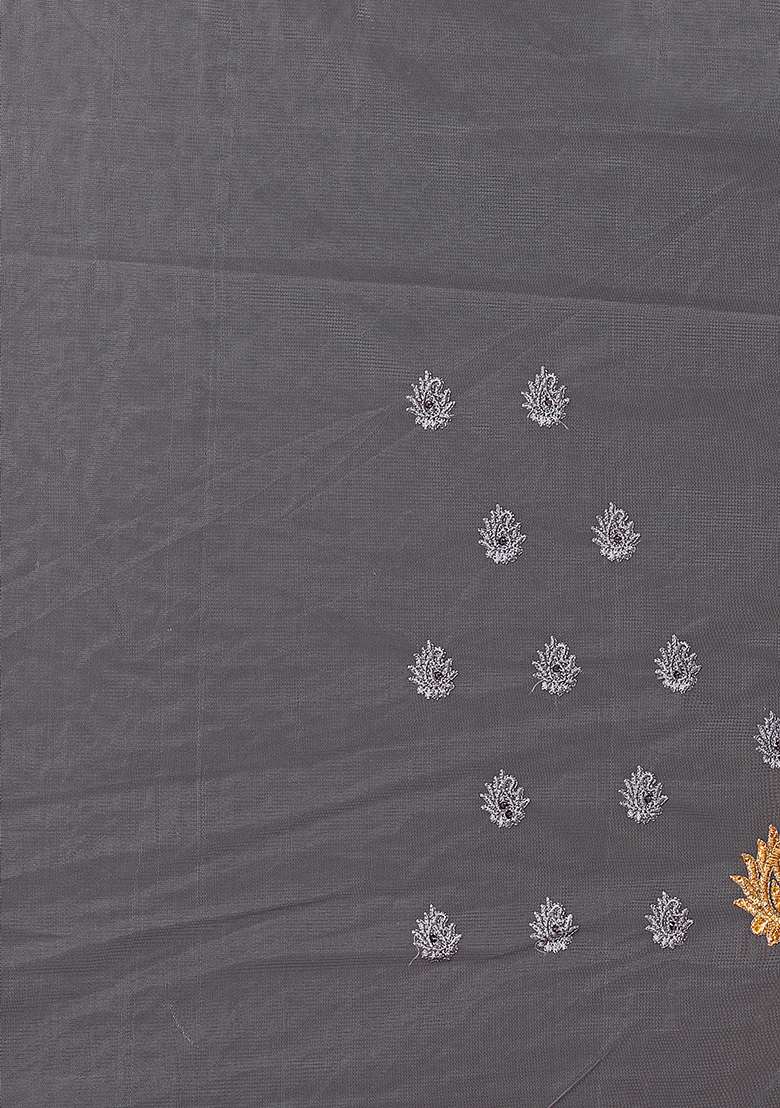 Grey Embroidery Net Saree Set for Diwali and Festive Wear - Indya