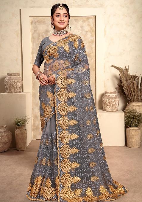 Grey Embroidery Net Saree Set