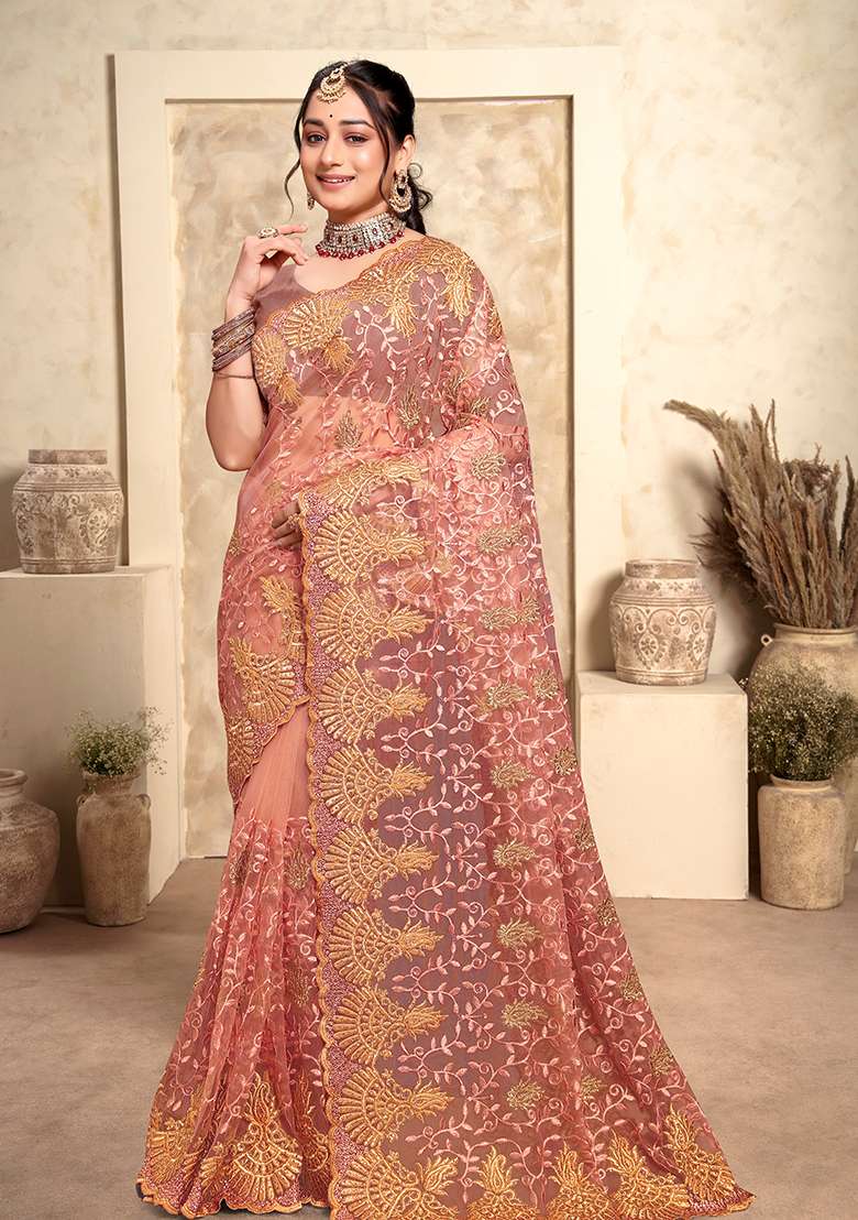 Dusty Peach Net Saree Set with Embroidery for Diwali | Wedding & Festive Wear - Indya