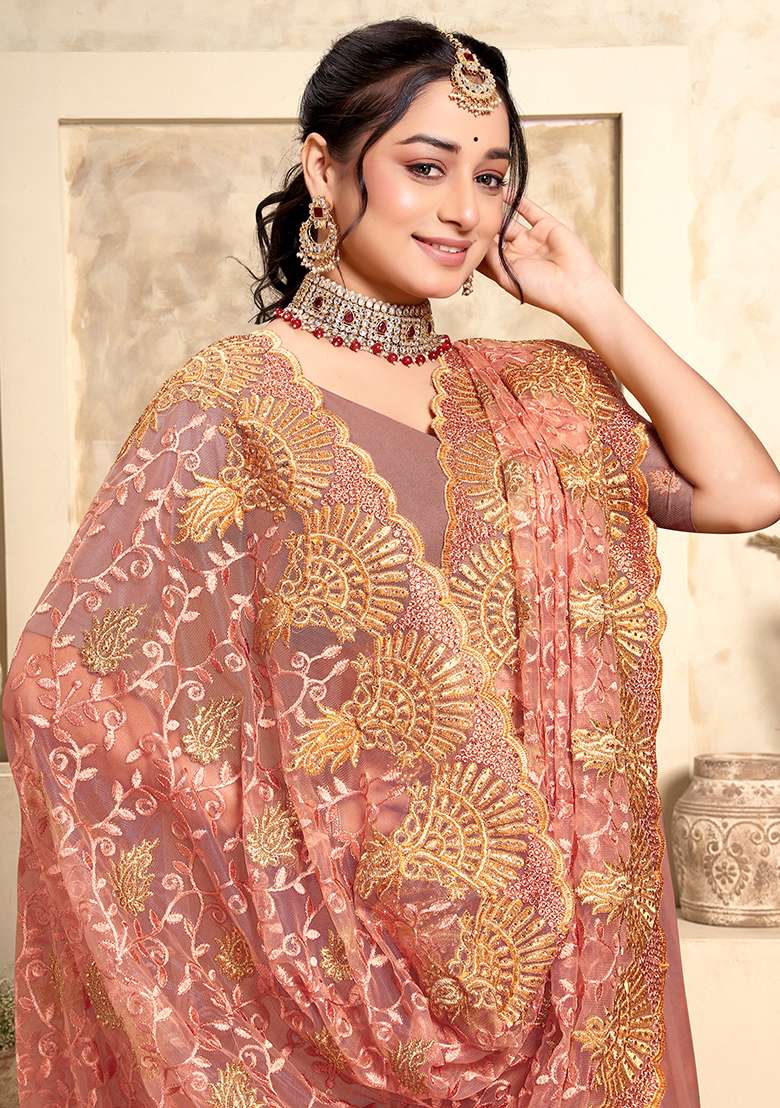 Dusty Peach Net Saree Set with Embroidery for Diwali | Wedding & Festive Wear - Indya