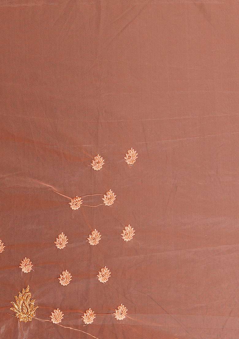 Dusty Peach Net Saree Set with Embroidery for Diwali | Wedding & Festive Wear - Indya