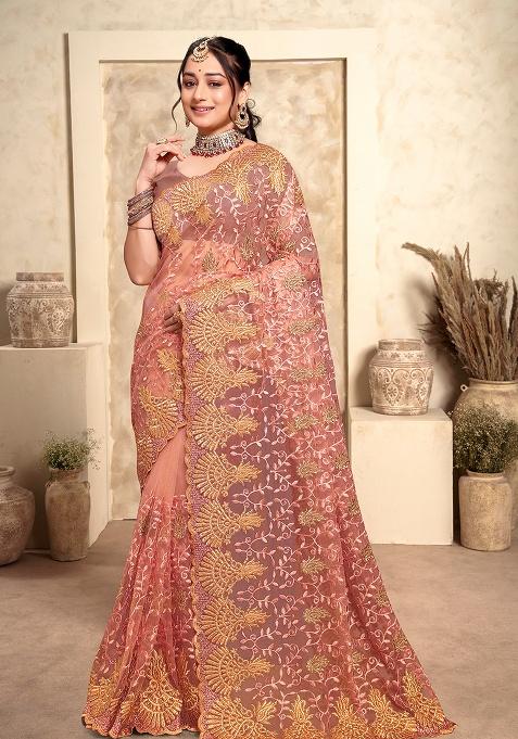 Dusty Peach Embroidery Net Saree Set