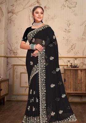 Black Embroidery Georgette Saree Set