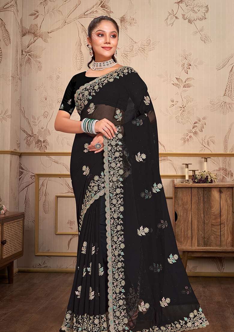 Black Georgette Saree Set with Embroidery for Diwali | Wedding & Festive Wear - Indya