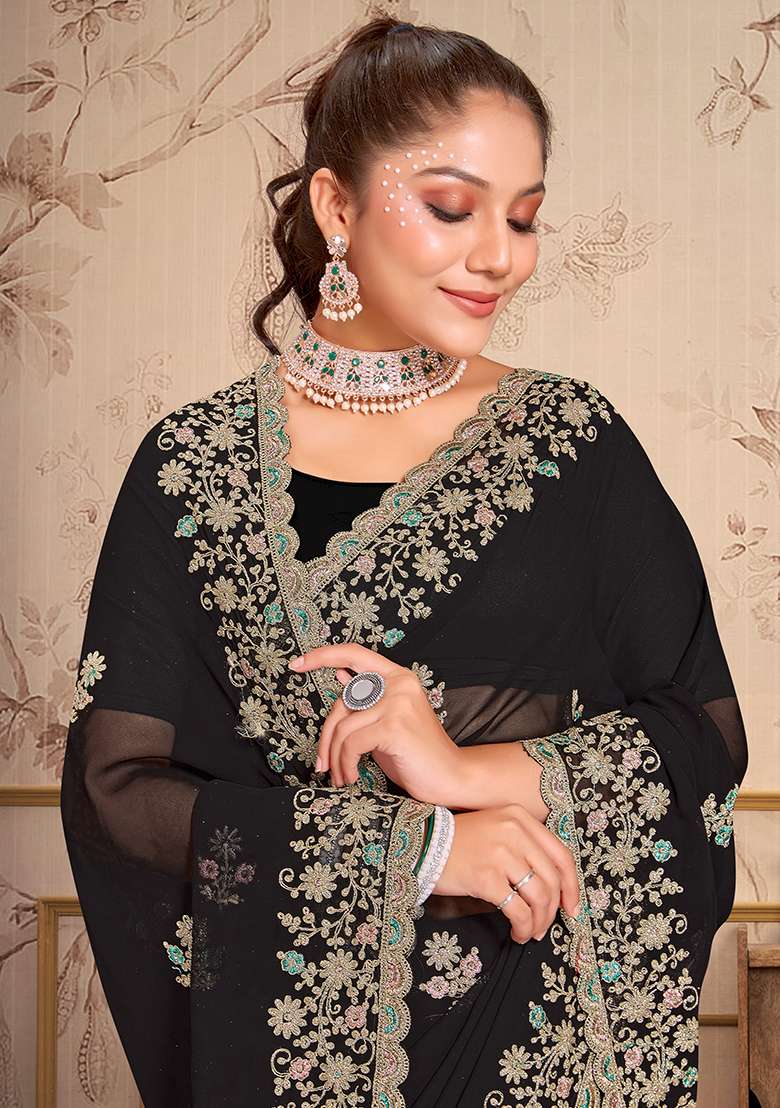 Black Georgette Saree Set with Embroidery for Diwali | Wedding & Festive Wear - Indya