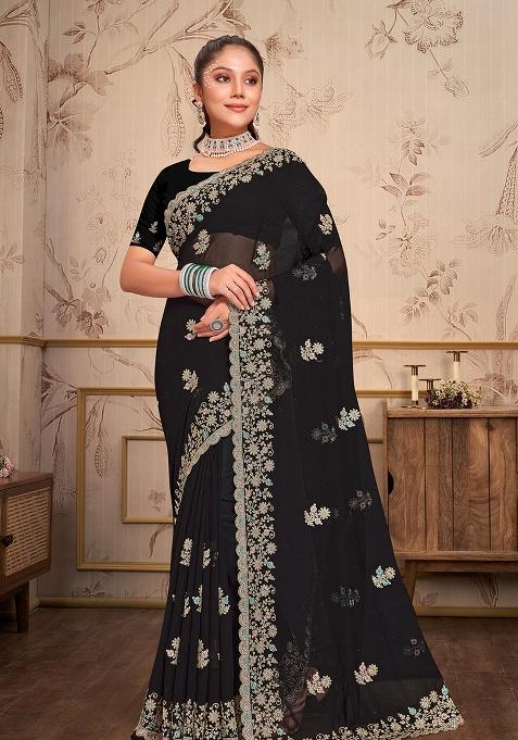 Black Embroidery Georgette Saree Set