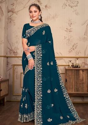 Morpeach Embroidery Georgette Saree Set