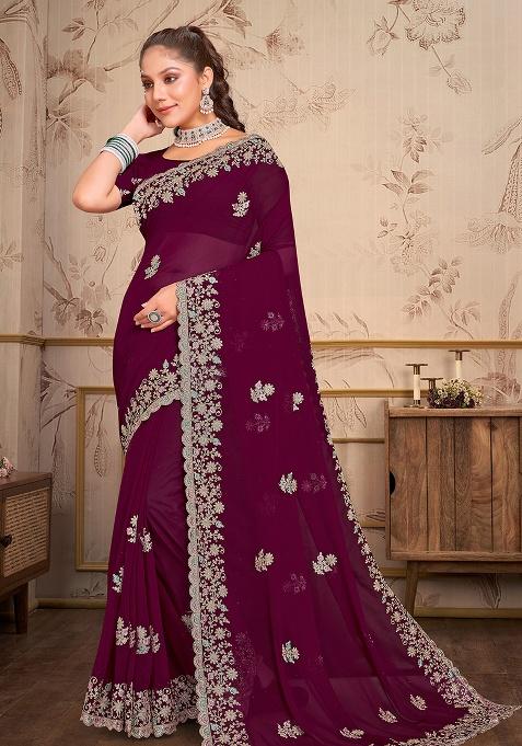 Wine Embroidery Georgette Saree Set