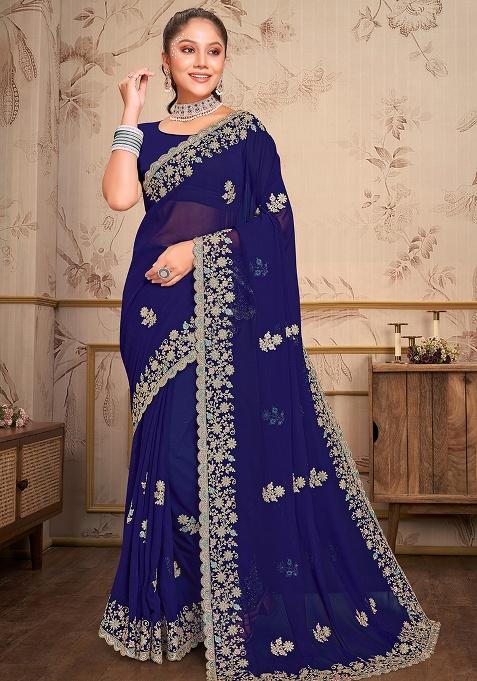 Navy Embroidery Georgette Saree Set