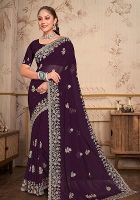 Dark Purple Embroidery Georgette Saree Set