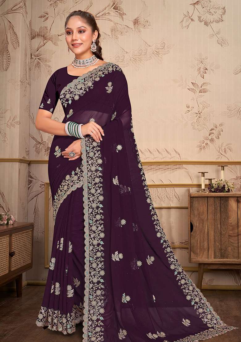 Dark Purple Embroidery Georgette Saree Set for Diwali and Festive Wear - Indya