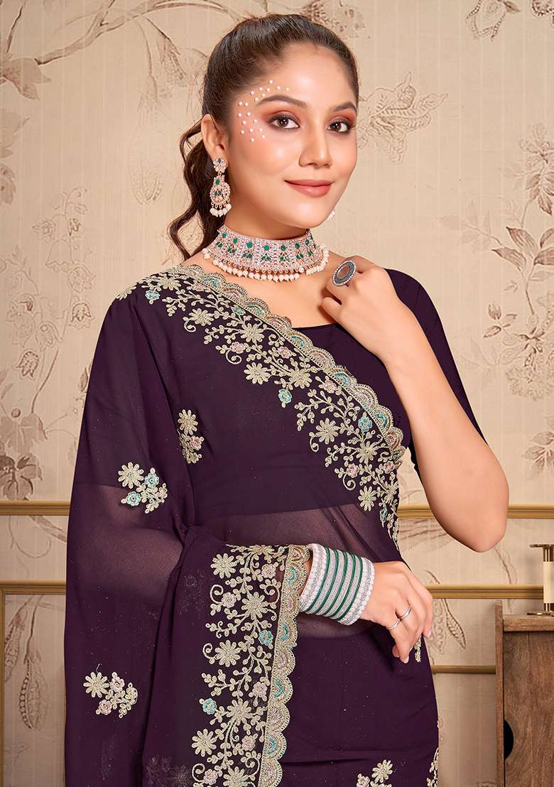 Dark Purple Embroidery Georgette Saree Set for Diwali and Festive Wear - Indya