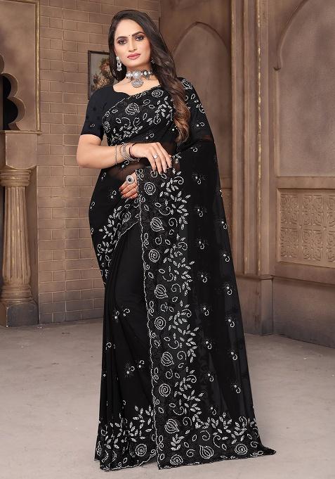 Black Embroidery Georgette Saree Set