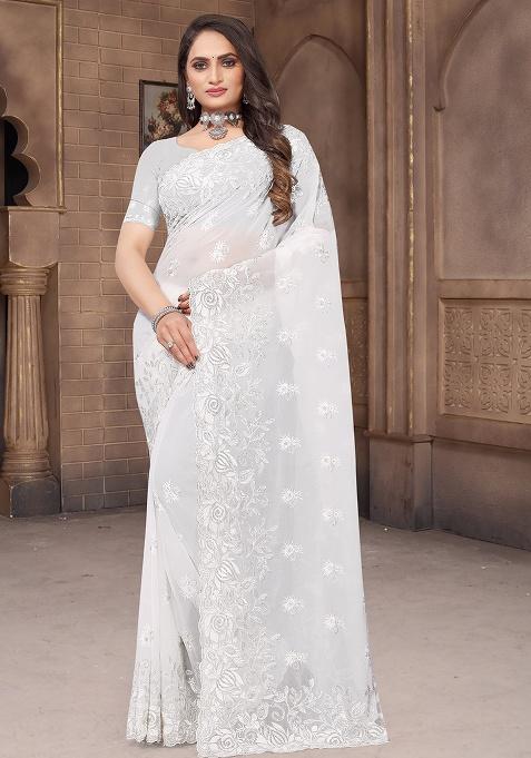 White Embroidery Georgette Saree Set