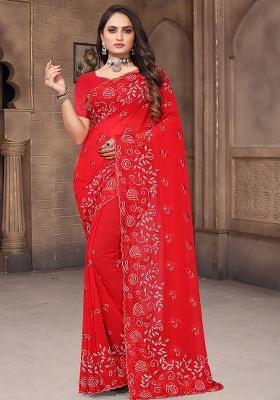 Red Embroidery Georgette Saree Set