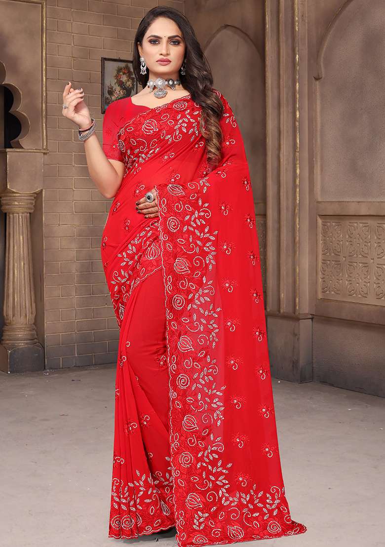 Red Embroidery Georgette Saree Set - Indya