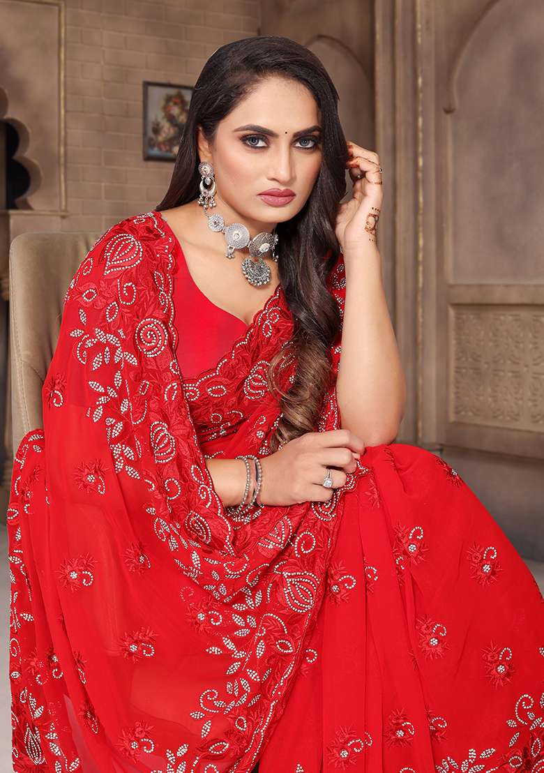Red Embroidery Georgette Saree Set - Indya