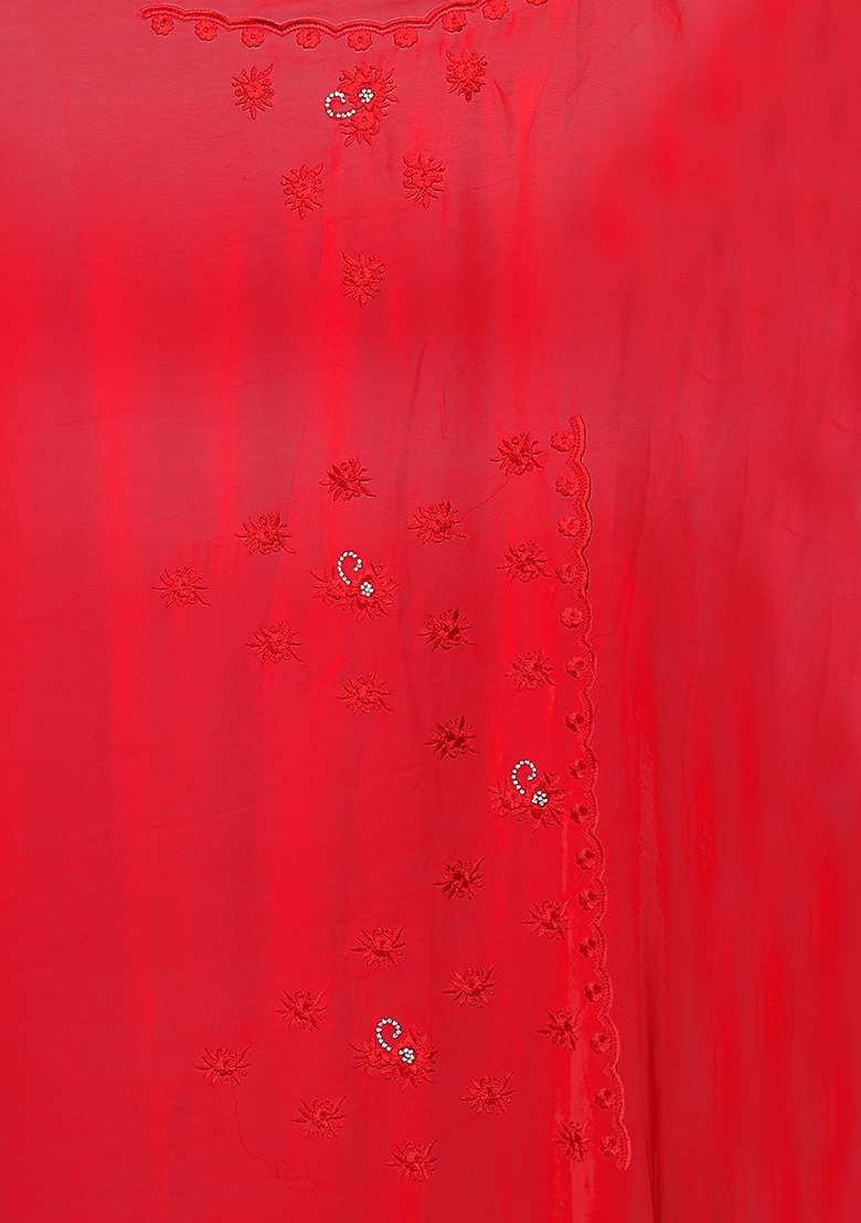 Red Embroidery Georgette Saree Set - Indya