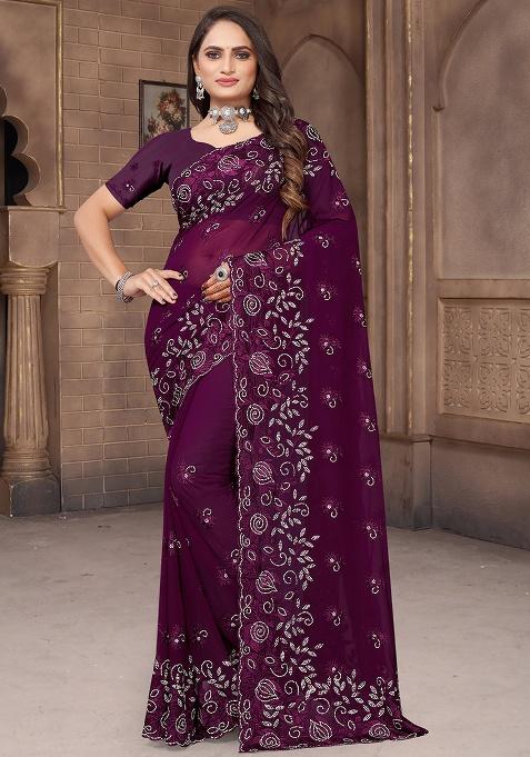 Wine Embroidery Georgette Saree Set