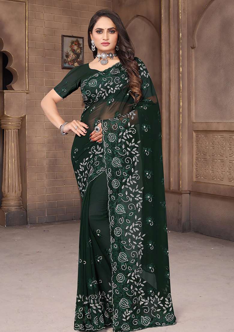 Bottel Green Embroidery Georgette Saree Set - Indya