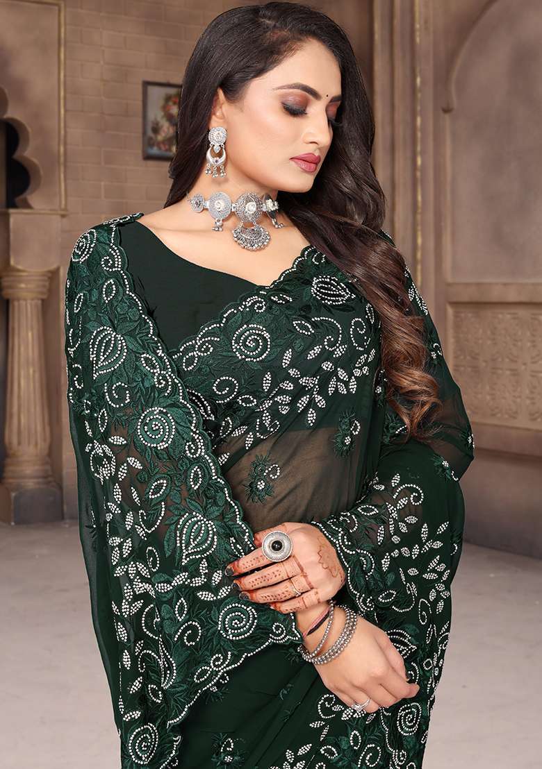 Bottel Green Embroidery Georgette Saree Set - Indya