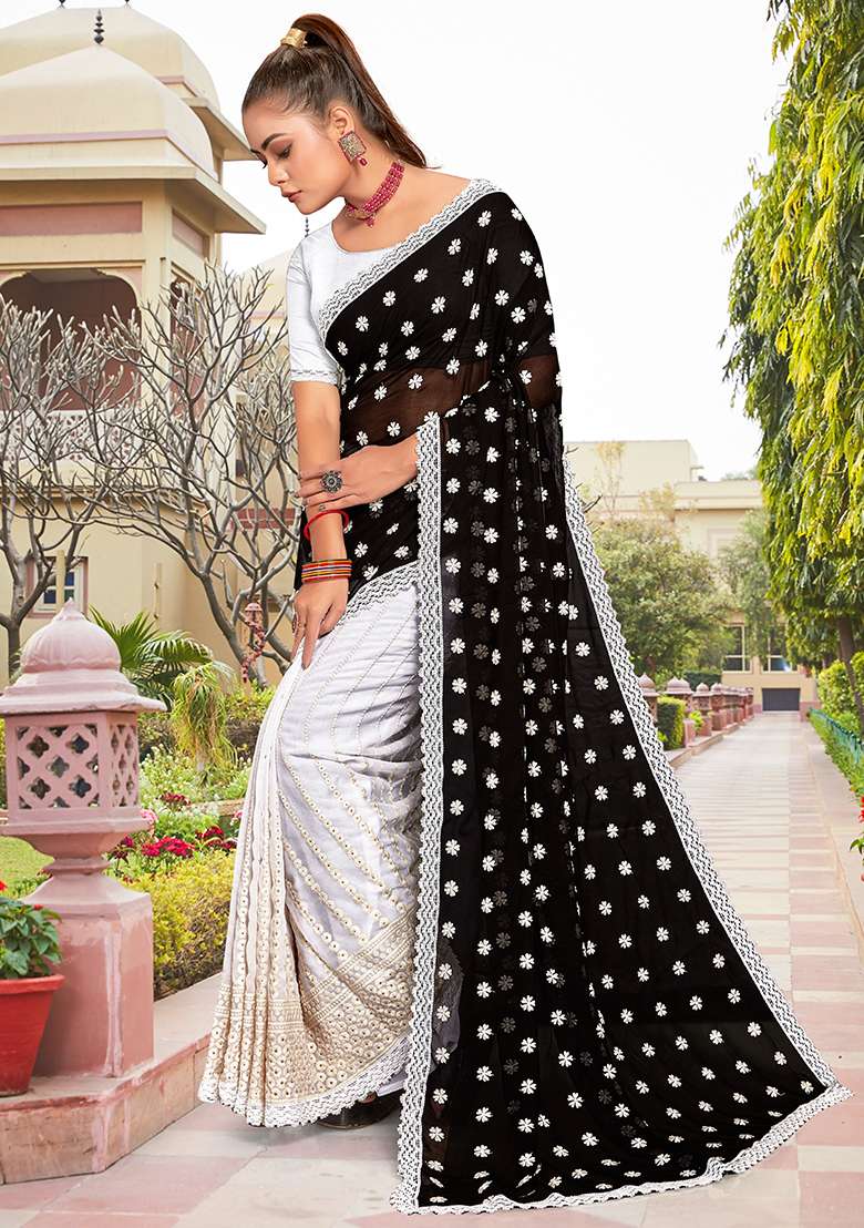 Black And White Georgette Saree Set with Embroidery for Diwali | Wedding & Festive Wear - Indya