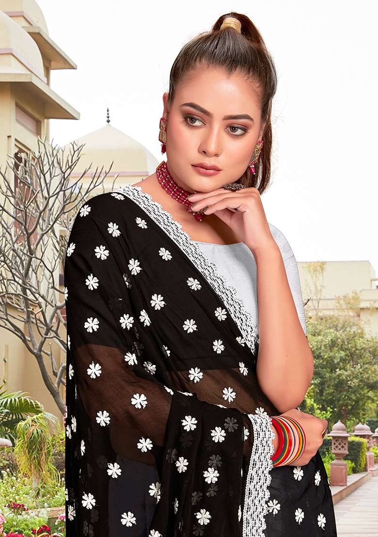 Black And White Georgette Saree Set with Embroidery for Diwali | Wedding & Festive Wear - Indya