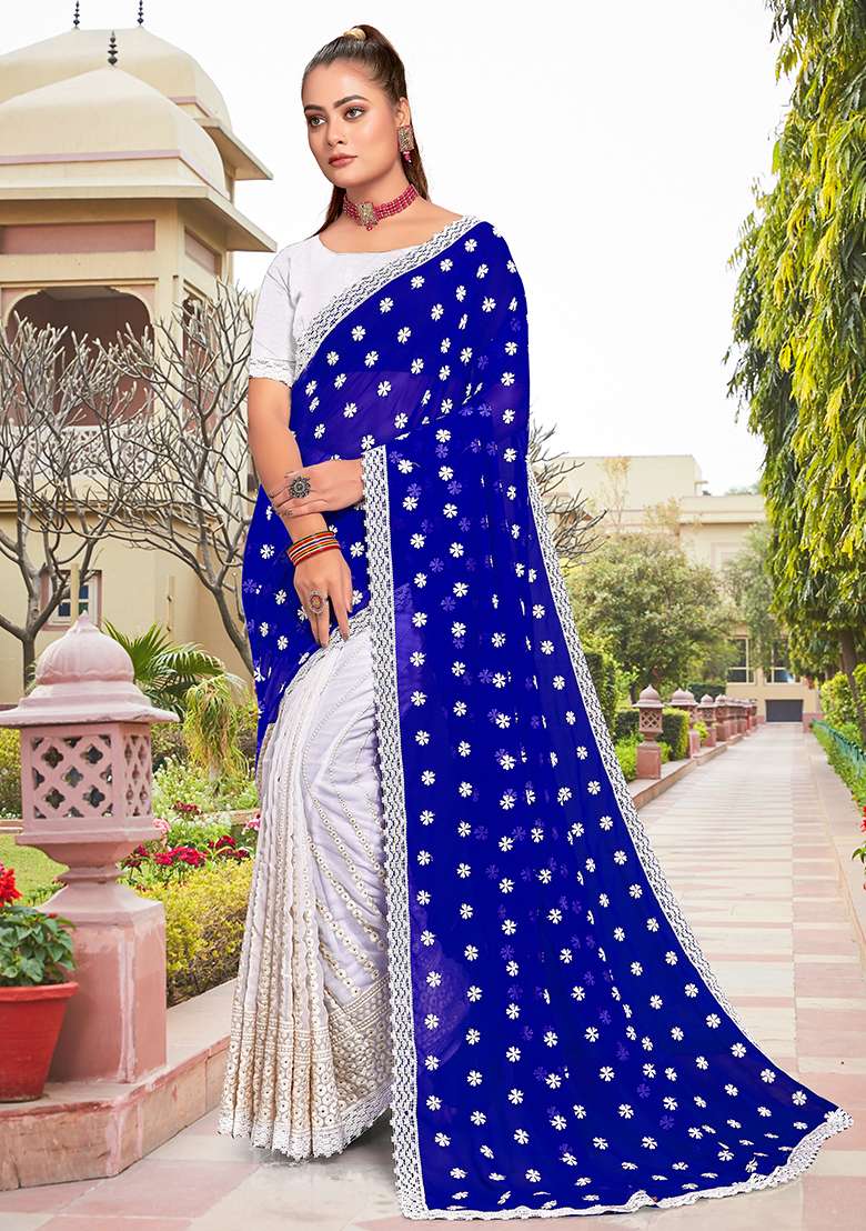 Royal White Embroidery Georgette Saree Set - Indya