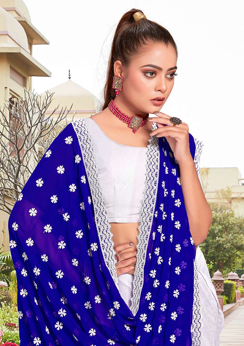 Royal White Embroidery Georgette Saree Set - Indya