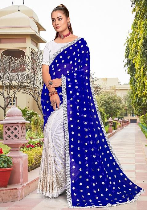 Royal White Embroidery Georgette Saree Set
