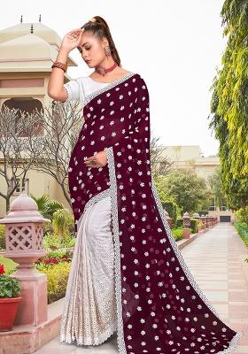 Wine White Embroidery Georgette Saree Set