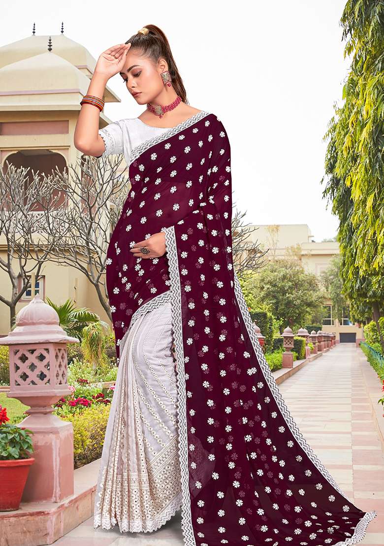 Wine White Georgette Saree Set with Embroidery for Diwali | Wedding & Festive Wear - Indya