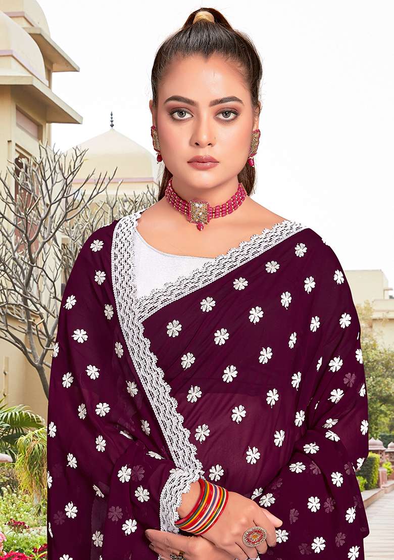 Wine White Georgette Saree Set with Embroidery for Diwali | Wedding & Festive Wear - Indya