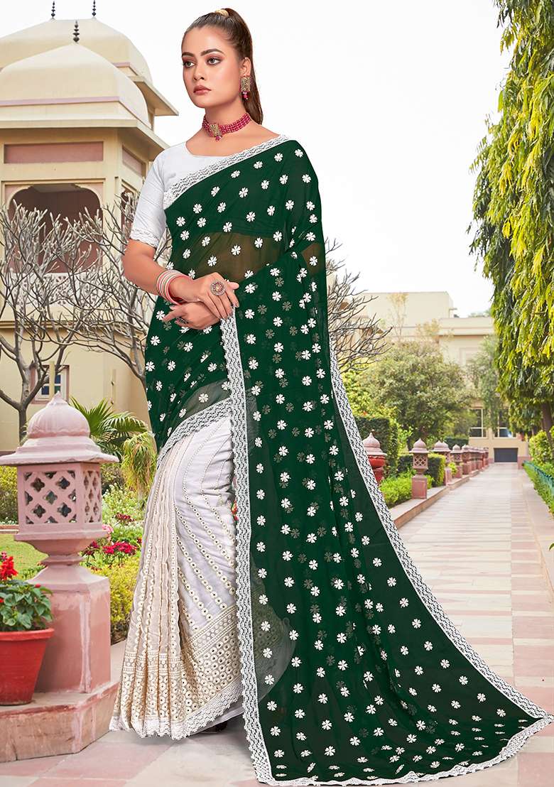 Bottel Green And White Georgette Saree Set with Embroidery for Diwali | Wedding & Festive Wear - Indya