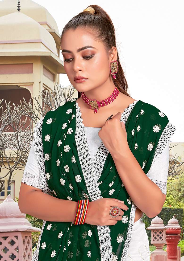 Bottel Green And White Georgette Saree Set with Embroidery for Diwali | Wedding & Festive Wear - Indya