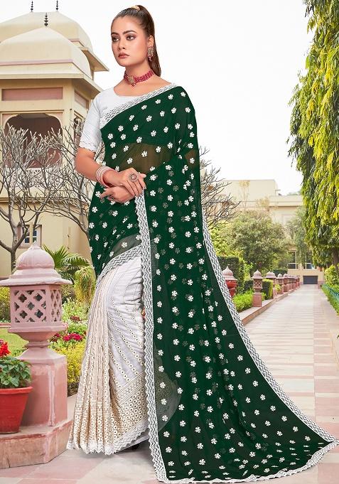 Bottel Green And White Embroidery Georgette Saree Set